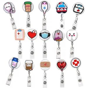 Custom Stethoscope ECG Heart Pill Tooth Scrub Life Retractable PVC Rubber ID Badge Holder Reel With Belt Clip