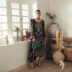 Salwar Kameez Traditionnel pour Femme, Élégant, Noir, en Chiffon Modal, Broderie Florale, Longueur au Sol, pour Mariage, par Fashionista International - Product Image 1