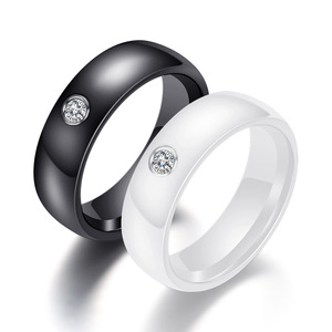Anillo de Cerámica Blanco y Negro de 6 mm con un Diamante Redondo de Corte Brillante, Anillo de Boda Unisex, Joyería - Product Image 1