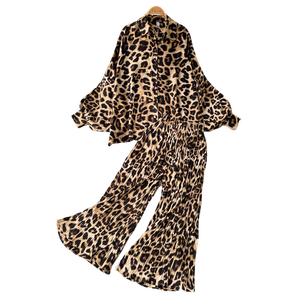 <span class=keywords><strong>Costume</strong></span> de chemise décontracté et polyvalent imprimé léopard avec manches lanterne, taille haute, plissé, large L - Product Image 1