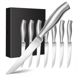 Ensemble de 8 couteaux à steak dentelés en acier inoxydable faits à la main, avec étui en cuir américain, pour la cuisine et la salle à manger, couteaux de chasse - Product Image 1