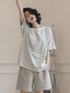 Ensemble de pyjama 2 pièces Woodpecker 2026 nouveau style en pur coton pour femme, à manches courtes, rayé, au-dessus du genou, pour la maison et l'extérieur - Product Image 1