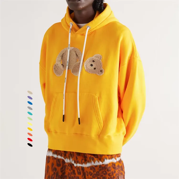 Custom 100% cotton yellow oversized pullover chenille embroidered hoodie for men