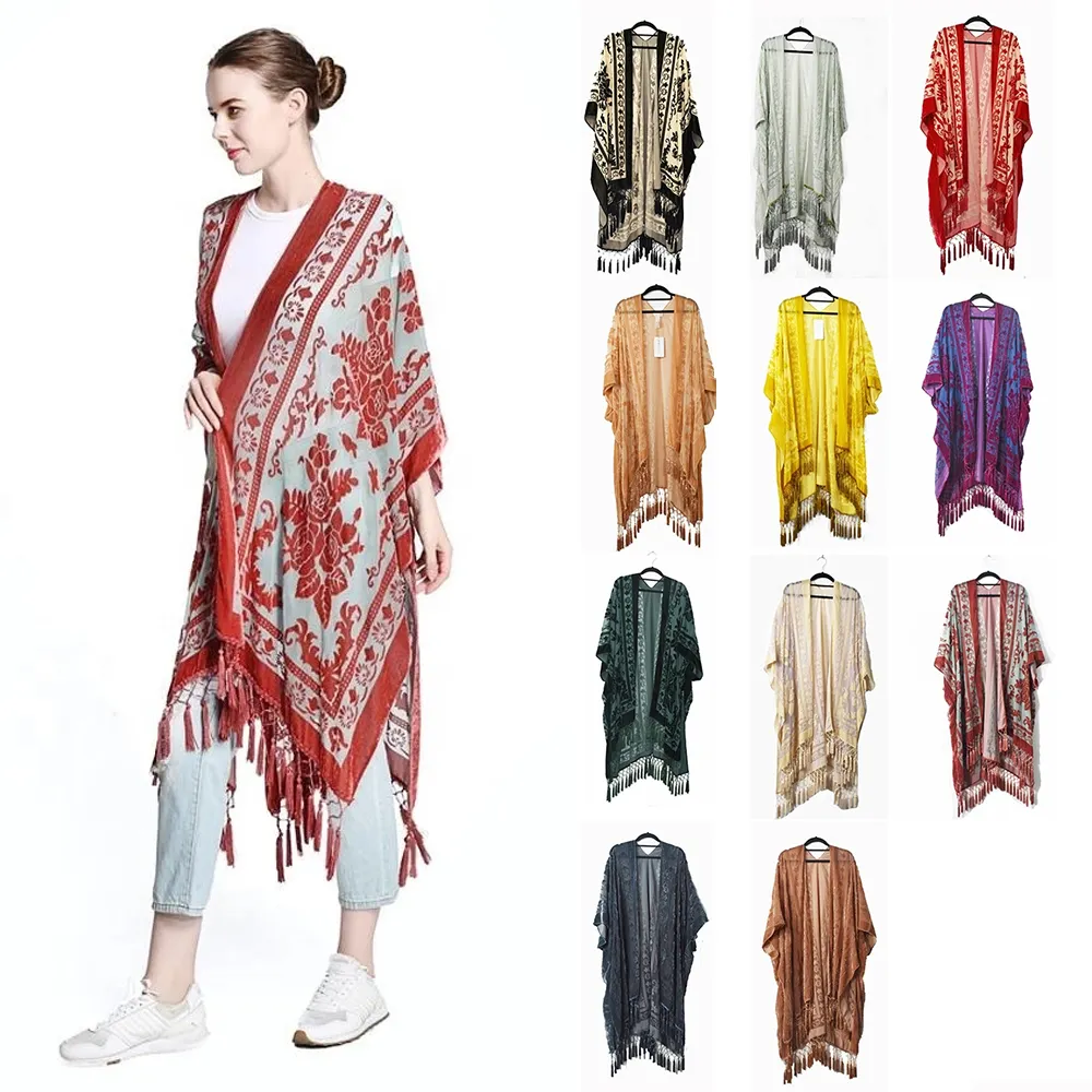 Baju Atasan Wanita Gambar Bunga Lingkaran Kustom Rumbai Atasan Wanita Ukuran Besar Viscose Sisi Setengah Lengan Kardigan Beludru Burnout Kimono