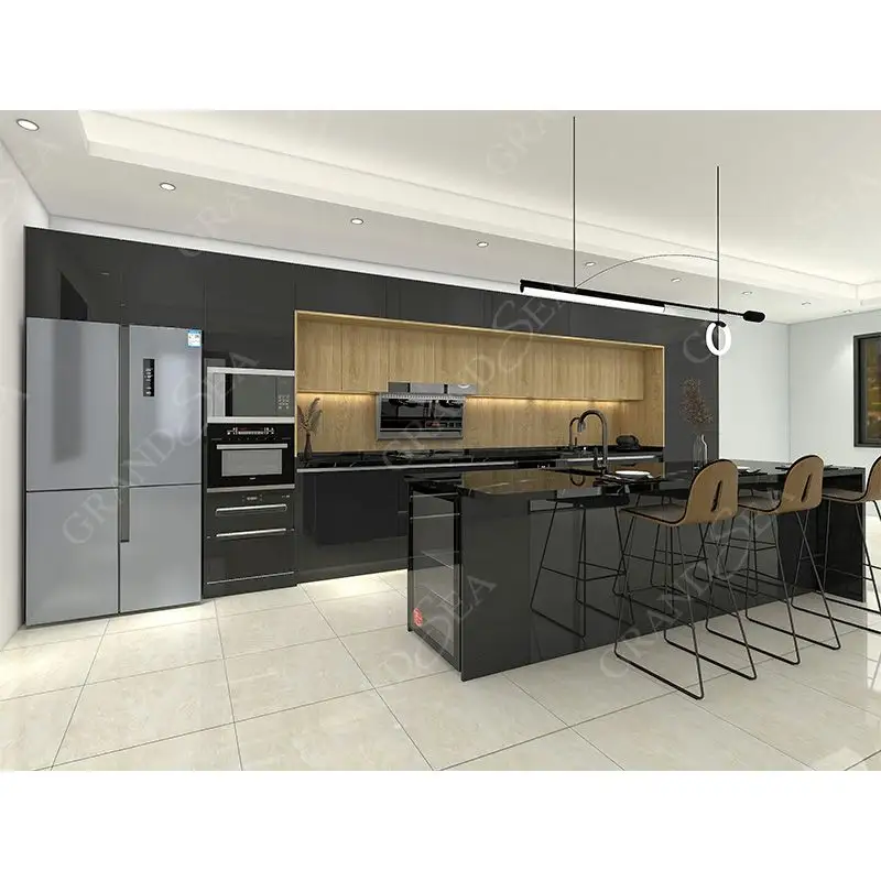लिफ्टिंग आइलैंड के साथ अनुकूलित आधुनिक डिजाइन स्मार्ट किचन स्वचालित इलेक्ट्रिक डोर किचन कैबिनेट