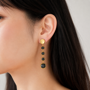 Boucles d'oreilles pendantes linéaires en zircone noire, acier inoxydable plaqué or 14 carats sous vide, bijoux à pierre ronde, 65 mm - Product Image 5