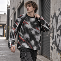 T-shirt pour homme à manches longues en tricot gaufré, imprimé intégral, avec passepoil contrastant, style streetwear, marque privée