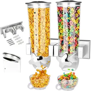 Food Dispensers 2 PACK Wall Mount Double Dry Cereal Dispenser, Convenient Storage Dual Control for Cereal Nuts, Coffee Beans