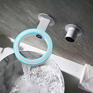 Robinet mural avec affichage de la température LED, lumière changeante de couleur, bec cascade, mitigeur de lavabo encastré en laiton, robinet de salle de bain moderne - Product Image 2