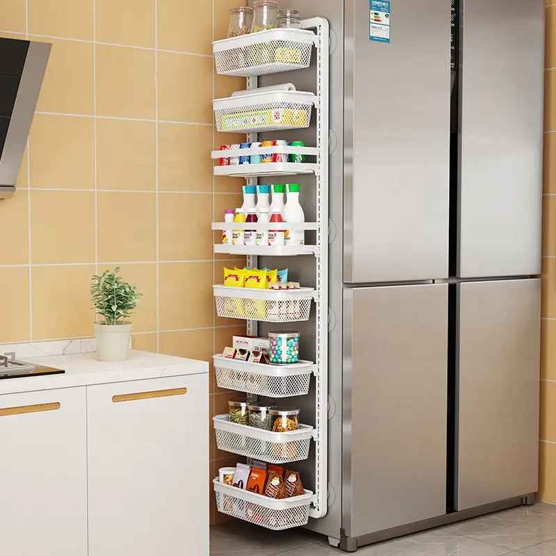 Commercio all'ingrosso 3 livelli in metallo salvaspazio montaggio a parete regolabile cestini appesi spezie scaffale organizzatore cucina per frigorifero