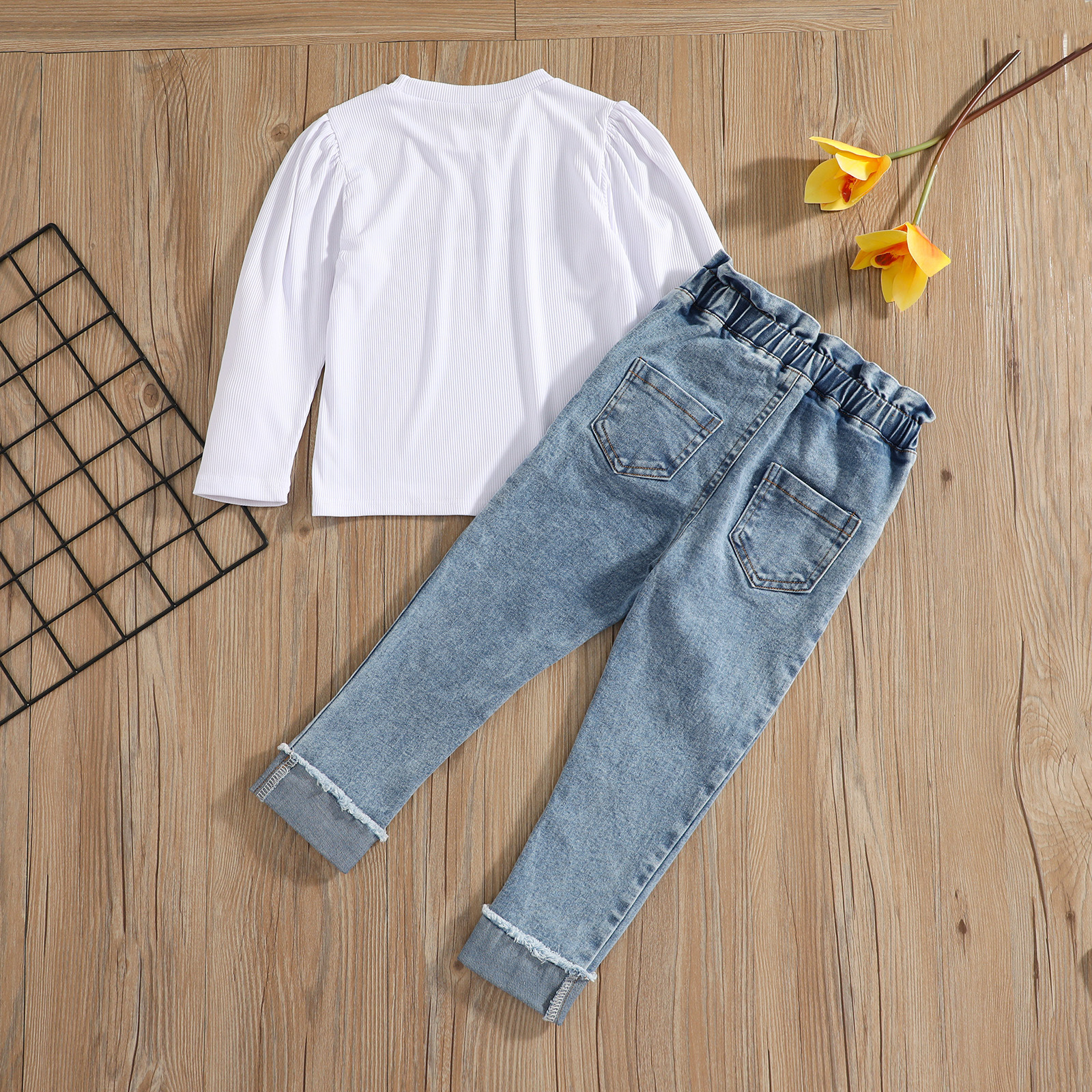 2022 New Spring Kid Girl Clothing Set Fashion Toddler Girl Letter Print White Shirt +Jeans 2 pcs Casual Outfit Set 2-6 Years
