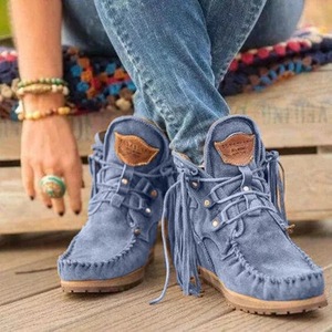 Botines de Mujer con Flecos, Cordones, Tacón Plano, Punta Redonda, Cuero PU, Estilo Desierto, Retro, para Invierno - Product Image 6