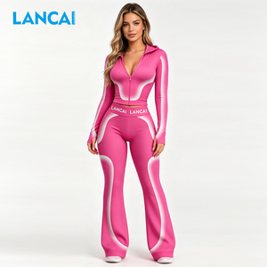 Winter Clothes for Women Y2k Clothing Brand Manufacturer Color Block Stripes Yoga Jacket Striped Flare Pants 2 Piece <b>Set</b> Women - Product Image 3