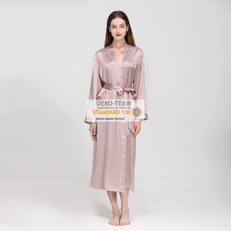 19 Momme 100% Silk Robe Kimono Fashion Long sleeves with piping mulberry Silk Robe