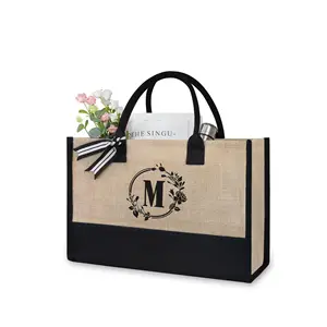 Eco Friendly Waterproof Custom Burlap Jute Women's Handle Tote Shoulder Beach Bag Shopping Bags