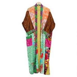 Bata de dormir de verano para mujer, de manga larga, estilo patchwork, informal, de viscosa y poliéster, con apliques florales - Product Image 1
