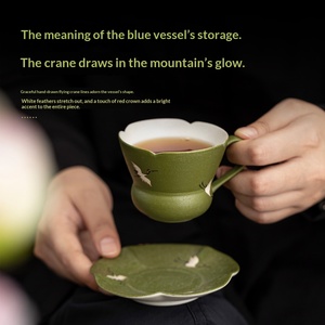 Green Glaze Hand-painted Crane Fulu Tea Cafe <b>Cup</b> Afternoon Tea <b>Cup</b> <b>Saucer</b> <b>Set</b> Household Office Ceramic Personal Mug - Product Image 4