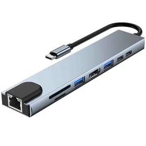 USB C Hub 8 In 1 Tipe C 3.1 ke 4K, adaptor dengan pembaca kartu SD/TF RJ45 PD pengisian daya Cepat Thunderbolt 3 Dok USB untuk MacBook Pro