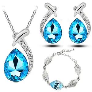 Großhandel 3 Stil Blau Kristall Schmuck Sets Strass Kristall Halskette & Ohrring & Armband für Mädchen