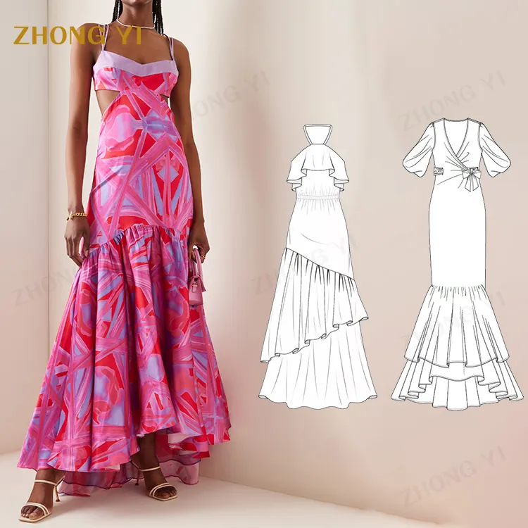 2022 Factory Haute Couture Bright Women Dresses Backless V-Neck Skirt Asymmetric Tie Dye Ladies Maxi Dress