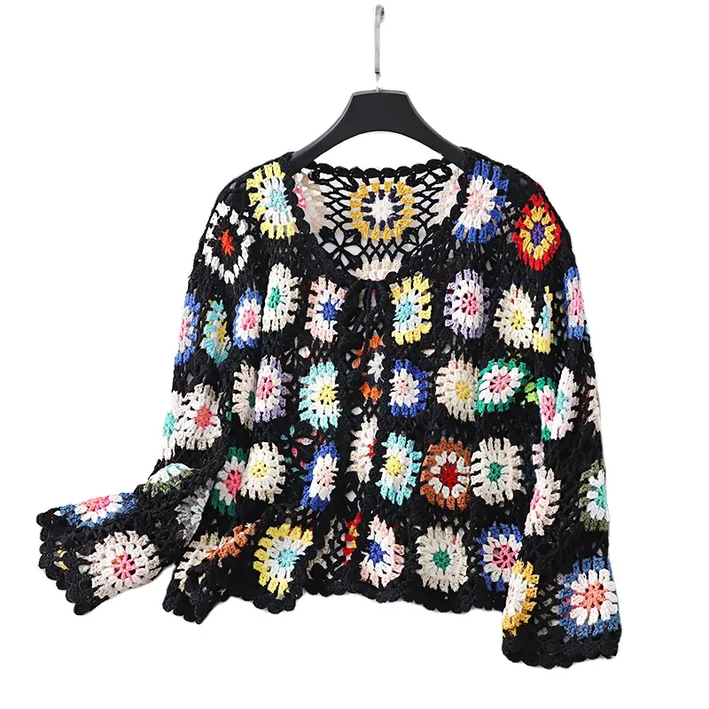 Novidade blusa de crochê artesanal com mangas compridas, blusa de malha com esqueleto étnico