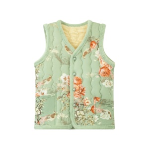 Elegante Chaleco de Invierno de Inspiración Asiática, con Estampado Floral y Detalles de Terciopelo Suave, Prenda Exterior Estilosa para Mujeres de Mediana Edad - Product Image 1