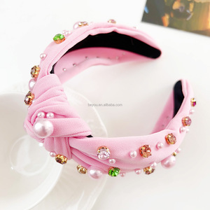 Fascia <span class=keywords><strong>rosa</strong></span> e verde da donna con nodo a forma <span class=keywords><strong>di</strong></span> perla e strass decorata alla moda regalo per feste quotidiane - Product Image 5