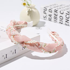 عصابة رأس مزينة بالزهور واللؤلؤ على شكل عجينة مقلية، إكسسوار شعر راقي للنساء - Product Image 2