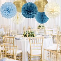 Fleurs en papier bleu poussière, or champagne, beige, pompons en papier, lanternes en nid d'abeille, décorations pour anniversaire, mariage, fête prénuptiale