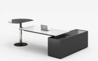 Bureau de direction en forme de L avec table de réunion ronde en verre réglable et armoire latérale