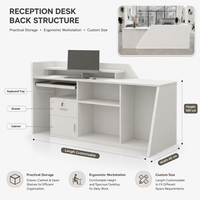 Comptoir de réception géométrique moderne avec logo personnalisé, façade blanche, pour bureau, hôtel, salon, avec armoire de rangement arrière et éclairage LED