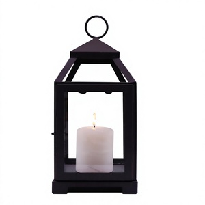 Classic <b>Black</b> Iron Glass <b>Lantern</b> <b>with</b> Pillar <b>Candle</b> Holder Hanging Decorative <b>Lantern</b> for Home Decor Living Room Bedroom - Product Image 1