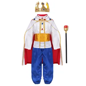 Disfraces de rey y Príncipe para niños, disfraz de Halloween, capa, cetro de corona, conjunto de carnaval, juego de fiesta