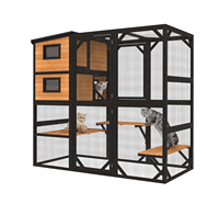 Maison pour chat d'extérieur moderne en bois de sapin massif avec toit en bois imperméable et plateforme multi-niveaux à motif imprimé