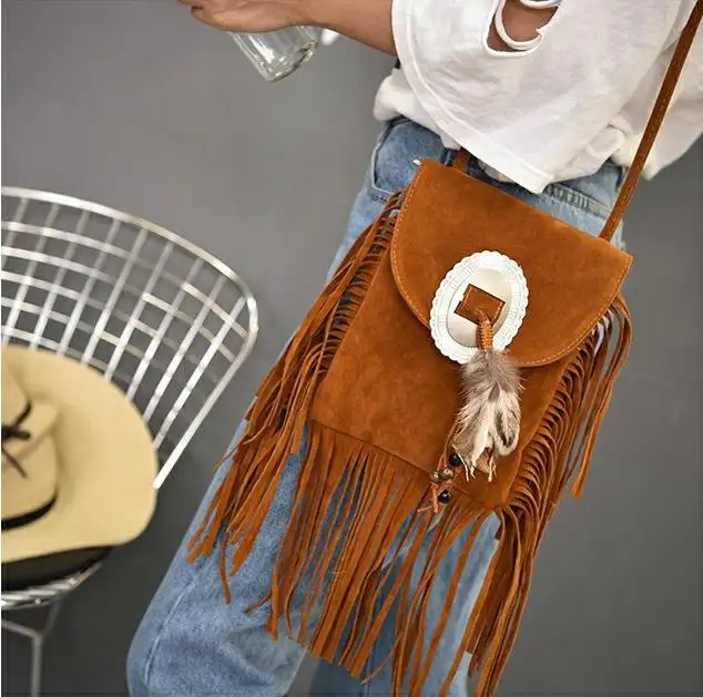 Bohemian Vrouwen Fringe Vintage Multifunctionele Schouder Draagtas Leisure Boho Suede Stof Kwastje Crossbody Tas Met Veer