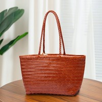 Sac à main en cuir véritable avec doublure en coton tissé style dragon, sac panier vintage français grande capacité, sac à bandoulière pour femme