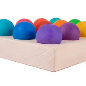 Kids Wooden Toys Color Sorting Wood Balls Rainbow Pastel Sphere with Tray Montessori Teaching aids