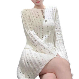 Conjunto de Dos Piezas Tejido para Mujer, Estilo Coreano Dulce, Cárdigan Blanco de Manga Larga y Falda, Poliéster/Algodón, Secado Rápido y Transpirable - Product Image 4