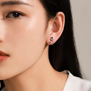 Boucles d'oreilles personnalisables en cuivre, série animale, en argent sterling S925, zircon bleu royal taille ronde, motif chaton mignon pour femme - Product Image 2