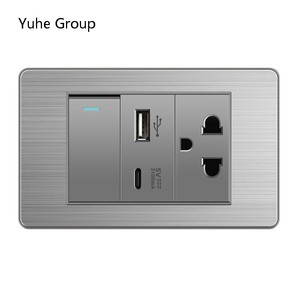 Cadre gris brossé en acier inoxydable, norme thaïlandaise, 1 ensemble d'interrupteurs muraux et prise murale USB pour ordinateur et télévision. - Product Image 2