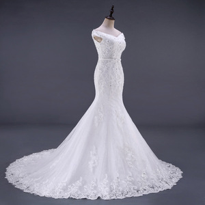 Mermaid Wedding Dress White V-Neck Lace Off Shoulder Trumpet Gown Vintage Style - Product Image 2