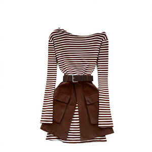 Conjunto de Falda y Top de Hombro Descubierto a Rayas Tejidas Casuales de Otoño Coreano para Mujer, Venta al por Mayor - Product Image 4