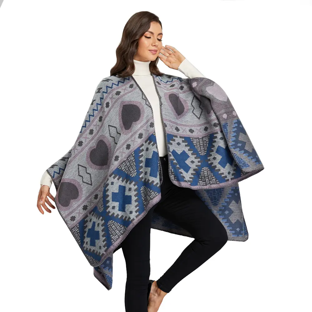 Poncho in lana di cashmere di vendita calda all'ingrosso 2022 stile etnico di alta qualità plus size poncho lavorato a maglia da donna invernale spesso