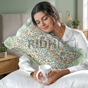RIDHI 12x20 Western Floral Ruffle Goldenrod Yellow Lumbar Pillow <b>Cover</b> Hand Block Print Cotton Customizable Removable Decor - Product Image 2