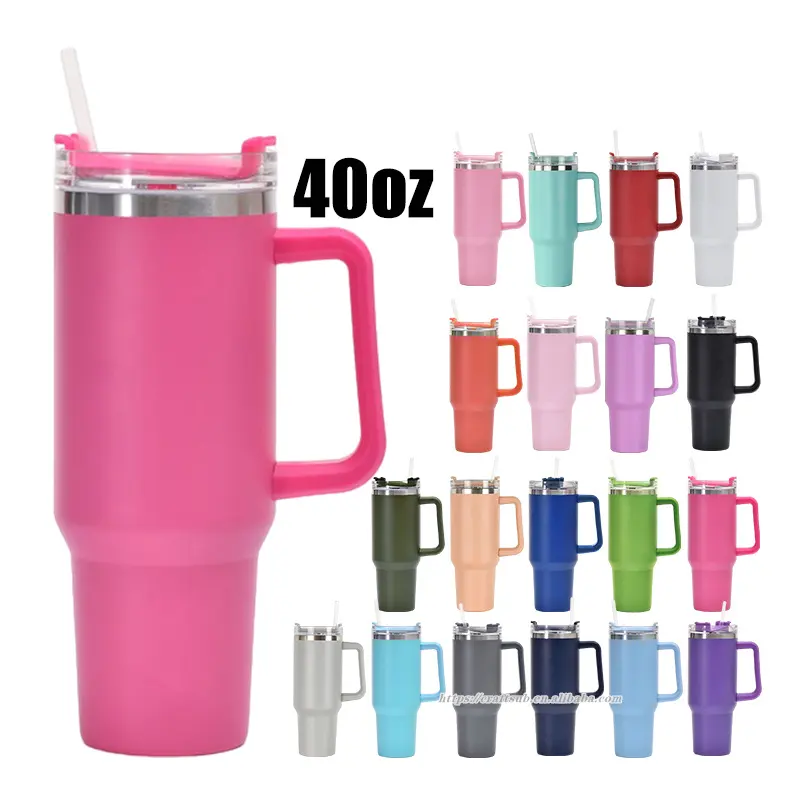 40oz 40 oz Solid Color Powder Coated Double Wall Vacuum Insulated Travel Stainless Steel Tumbler Cup with Handle and Straw Lid