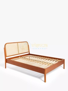 Cadre de lit en bois de style mi-siècle avec tête de lit en rotin courbé, sommier à lattes et pieds effilés – Élégant mobilier de chambre moderne - Product Image 2