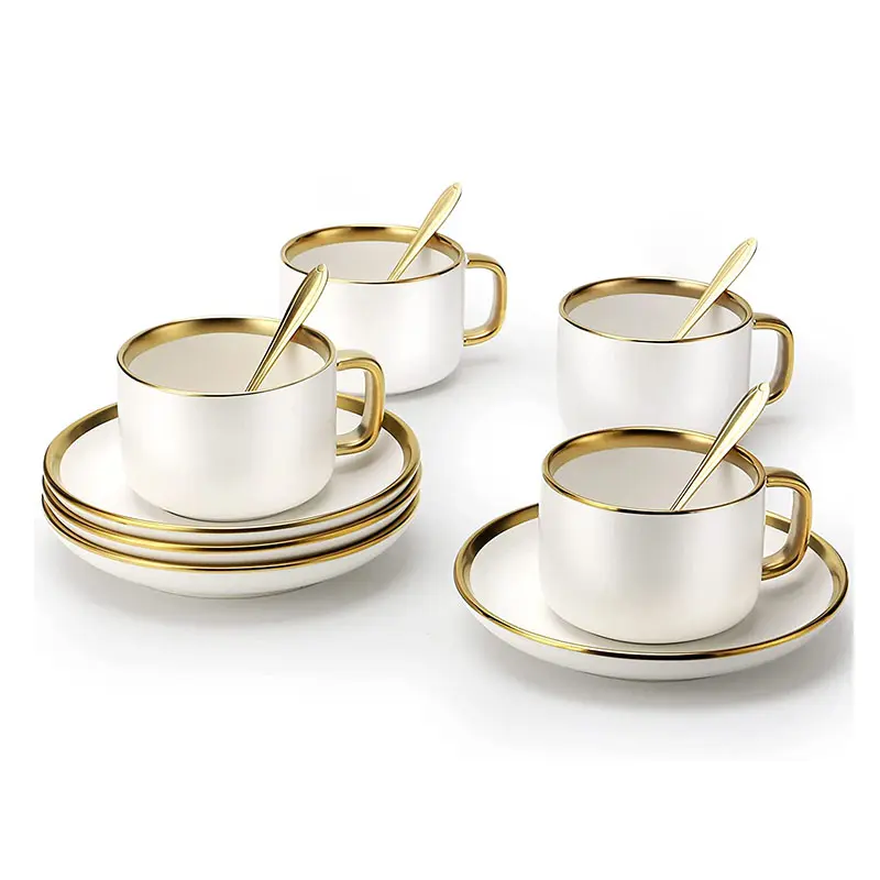 Europäischer Stil Luxus Goldrand Porzellan Tee tasse und Untertasse Set Mattschwarz Keramik Tee becher Kaffeetasse mit Goldrand Untertasse