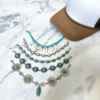 Chaîne de chapeau turquoise western vintage en argent avec coquillages de cauris et perles, bande de chapeau bohème style sud-ouest, accessoire de chapeau de cowgirl pour casquette de camionneur