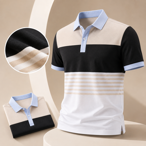 Camisa Polo de Lujo para Hombre, Diseño Color Block, Mezcla de Algodón Premium, Cuello en Contraste, Corte Moderno, Estilo Casual Elegante, Ropa Masculina para Vacaciones - Product Image 1