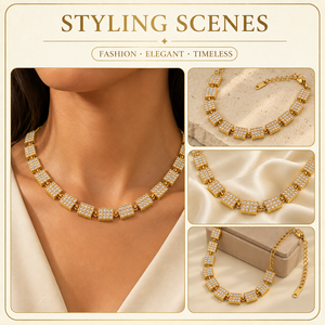 Collier rectangulaire en or avec blocs de cristaux pavés pour femme, bijoux de fête, vente en gros d'usine - Product Image 2